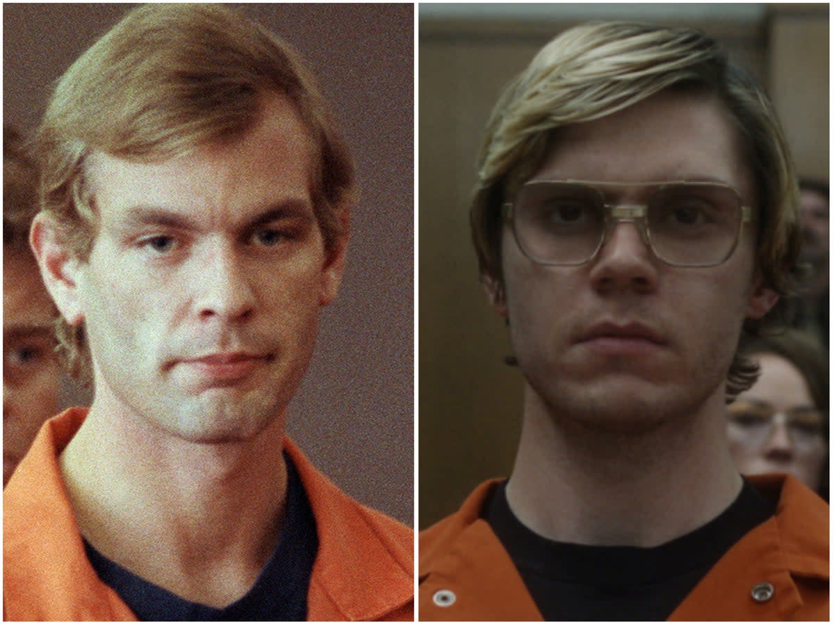 Jeffrey Dahmer (izquierda) interpretado por Evan Peters en el nuevo drama de Netflix  (Getty, Netflix)