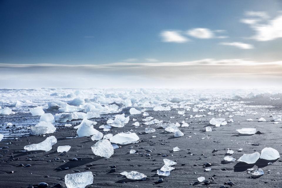 Jökulsárlón glacial lake is full of massive pieces of ice broken off from a nearby glacier.