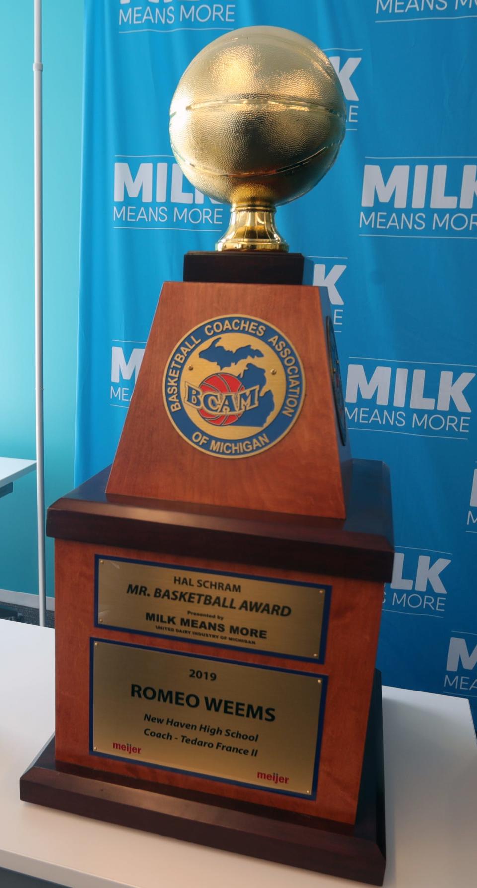 The Hal Schram Mr. Basketball trophy Monday, March 11, 2019 in Detroit, Mich.