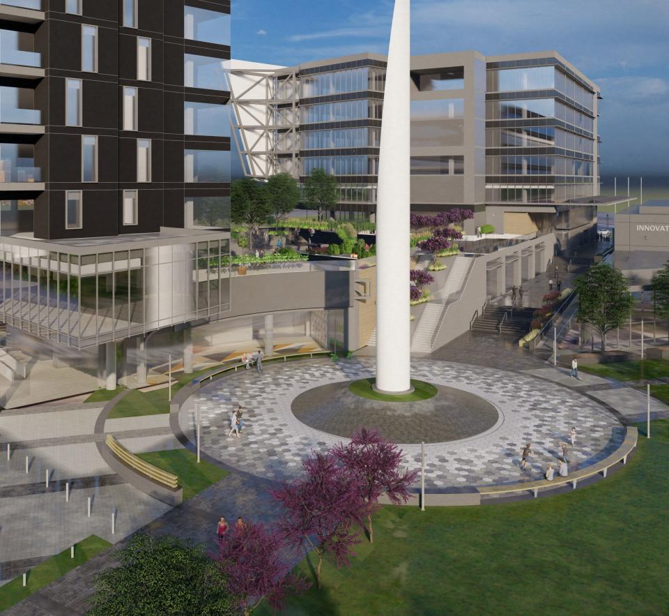 Stairways and platforms designed as public spaces and connections between lab space, offices, restaurants, innovation hall and a hotel, shown in this rendering, have been eliminated from Convergence, bio-tech complex being built just east of downtown.