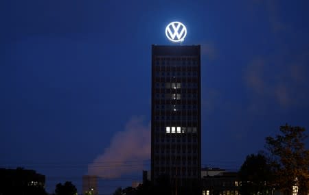 A new logo of German carmaker Volkswagen is unveiled at the Volkswagen headquarters in Wolfsburg