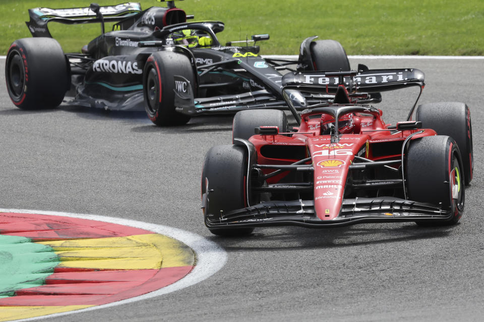 Ferrari driver Charles Leclerc of Monaco steers his car during the Formula One Grand Prix at the Spa-Francorchamps racetrack in Spa, Belgium, Sunday, July 30, 2023. (AP Photo/Geert Vanden Wijngaert)