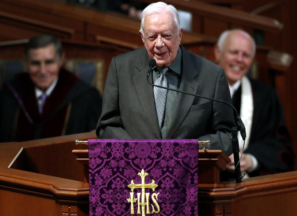 FILE- In this March 27, 2018 file photo, former President Jimmy Carter speaks during a funeral service for former and former Georgia Gov. Zell Miller, in Atlanta. Carter is now the longest-living president in American history. The 39th president on Friday, March 19, 2019, reached the age of 94 years, 172 days - one day beyond the lifespan of George H.W. Bush, who died in November. (AP Photo/John Bazemore, File)