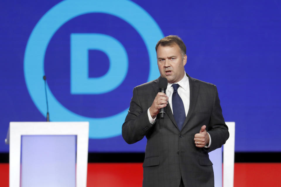 FILE - In this Oct. 15, 2019, file photo David Pepper speaks before a Democratic presidential primary debate at Otterbein University, in Westerville, Ohio. (AP Photo/John Minchillo, File)