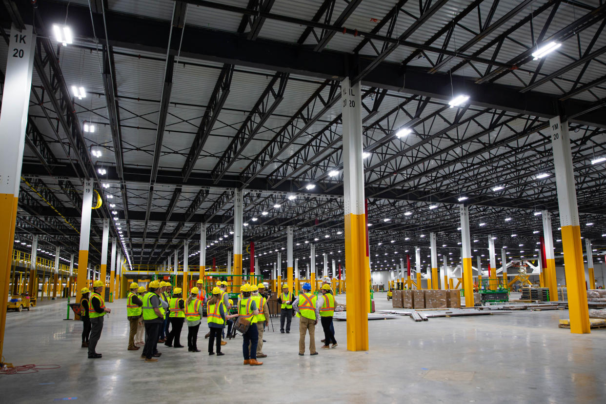 Members of the media are given a tour of Amazon's unfinished Elkhart Robotics Fulfillment Center on Thursday, May 9, 2024. The distribution center will employ about 1,000.