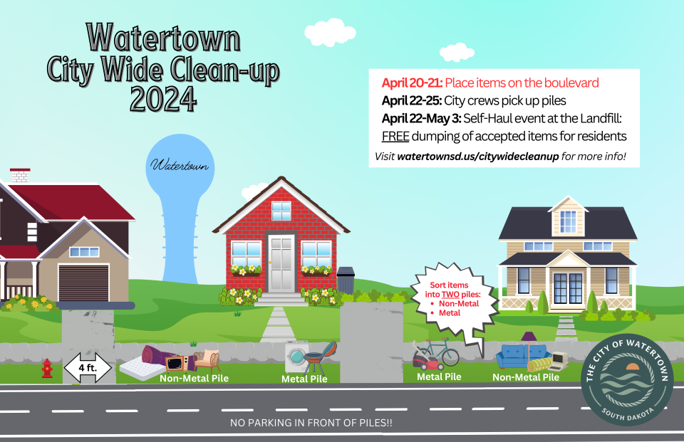 Here is a graphic announcing the dates and other details for Citywide Cleanup Week April 22-25 in Watertown.