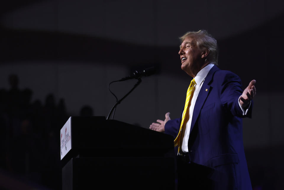 PHOENIX, ARIZONA - JUNE 06: Former U.S. President Donald Trump speaks during a Turning Point PAC town hall at Dream City Church on June 06, 2024 in Phoenix, Arizona. Trump delivered remarks and took questions from the audience during the 'chase the vote' town hall.  (Photo by Justin Sullivan/Getty Images)