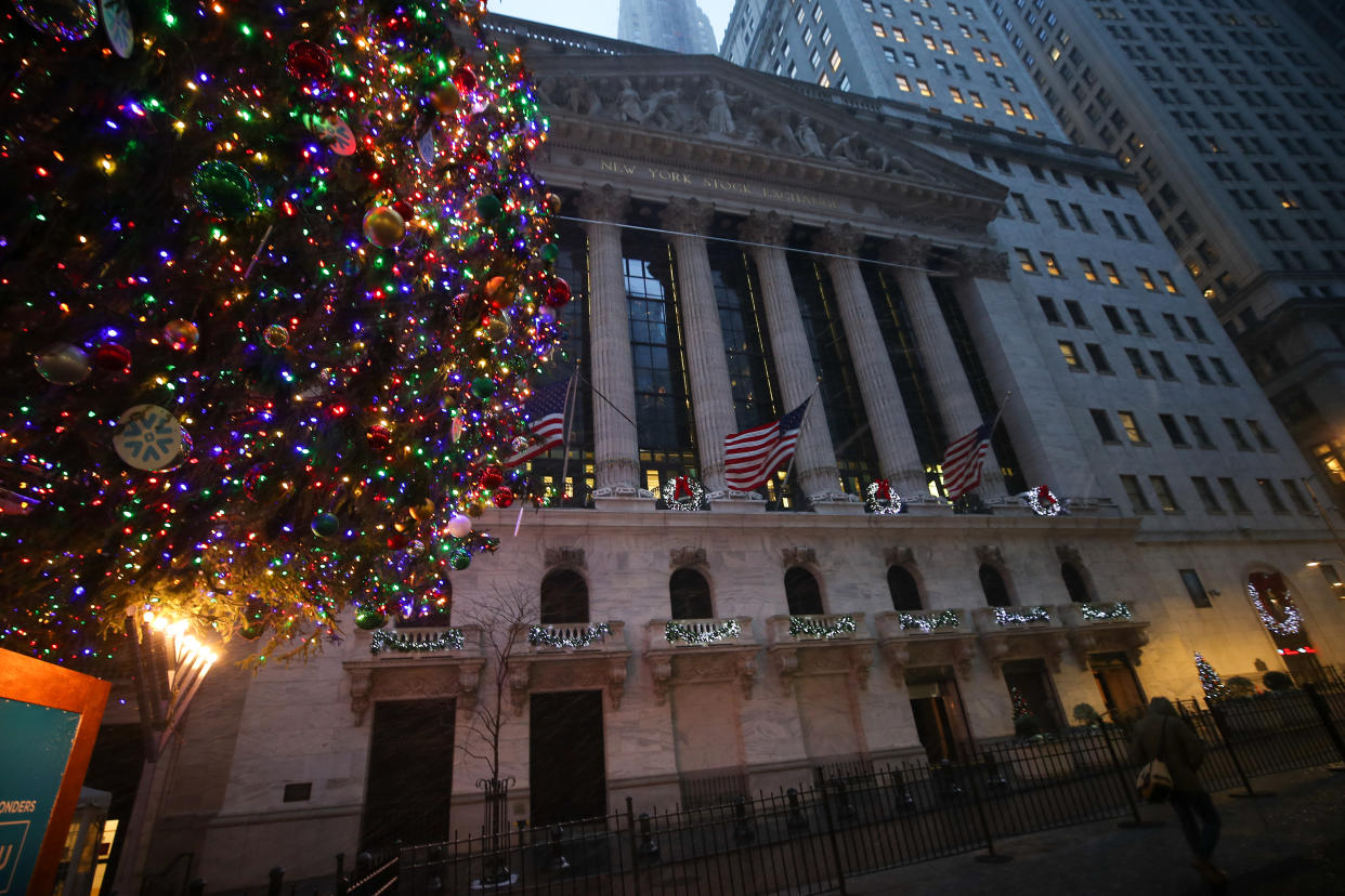 NEW YORK, USA - DECEMBER 16: New York Stock Exchange building decorated for Christmas at the Financial District as snowfall in New York City, United States on December 16, 2020. New York is ranked as one of the largest International Financial Center ("IFC") in the world. (Photo by Tayfun Coskun/Anadolu Agency via Getty Images)