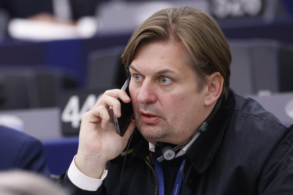 Germany's Maximilian Krah, of the far-right Alternative, calls during a session at the European Parliament, Tuesday, April 23, 2024 in Strasbourg, eastern France. A man who works for the prominent German far-right lawmaker in the European Parliament has been arrested on suspicion of spying for China, authorities said Tuesday. (AP Photo/Jean-Francois Badias)