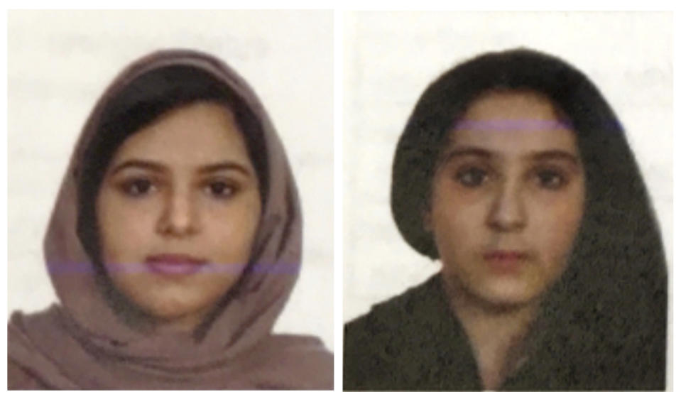 These two undated photos provided by the New York City Police Department (NYPD) show sisters Rotana, left, and Tala Farea, whose fully clothed bodies, bound together with tape and facing each other, were discovered on on the banks of New York City's Hudson River waterfront on Oct. 24, 2018. The Farea sisters from Saudia Arabia, Rotana, 22 and Tala, 16, had been living in Fairfax, Virgina and were reported missing in August. Their mother told detectives the day before the bodies were discovered, she received a call from an official at the Saudi Arabian Embassy, ordering the family to leave the U.S. because her daughters had applied for political asylum, New York police said Tuesday Oct. 30, 2018. (NYPD via AP)