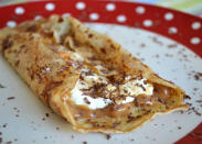 <b>Dulce de leche, whipped cream and chocolate</b><br> For this gorgeously decadent pancake, spread a dollop of dulce de leche (caramel) over your pancake, and then dot with whipped cream. Fold up the pancake, and grate a little dark chocolate over the top.