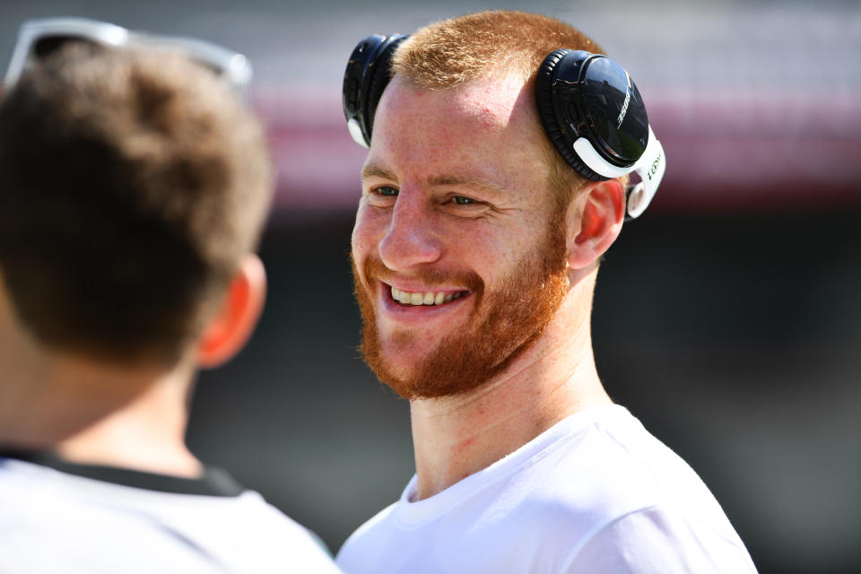 PHILADELPHIA, PA - SEPTEMBER 08: Philadelphia Eagles Quarterback Carson Wentz (11) meets with fans before the game between the Washington Redskins and Philadelphia Eagles on September 08, 2019 at Lincoln Financial Field in Philadelphia, PA. (Photo by Kyle Ross/Icon Sportswire via Getty Images)