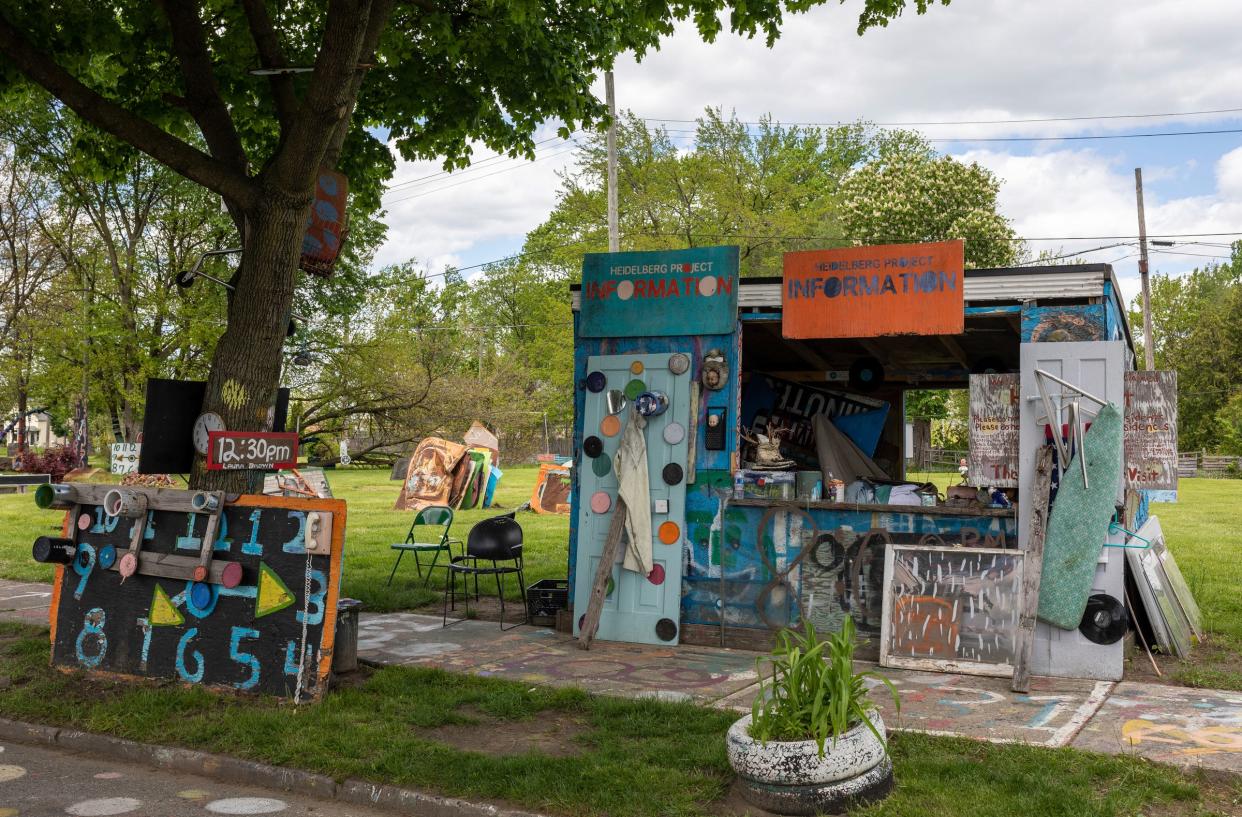 A shed decorated with various art pieces is part of the Heidelberg Project in Detroit on Friday, May 10, 2024. The Heidelberg Project, located in Detroit's McDougall-Hunt neighborhood on the east side, was created in 1986 by artist Tyree Guyton, with support from his wife and grandfather.