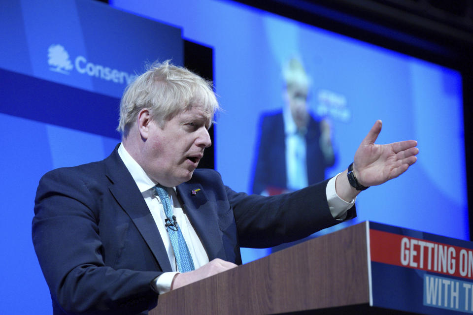 Britain's Prime Minister Boris Johnson speaks at the Conservative Party Spring Forum in Blackpool, England, Saturday March 19, 2022. (Peter Byrne/PA via AP)