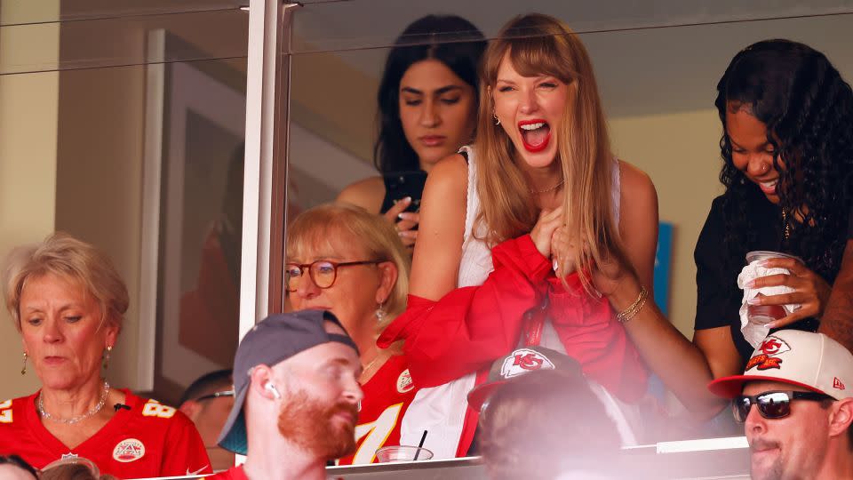 Taylor Swift reacts during the Kansas City Chiefs' game against the Chicago Bears at Arrowhead Stadium on September 24, 2023. - David Eulitt/Getty Images
