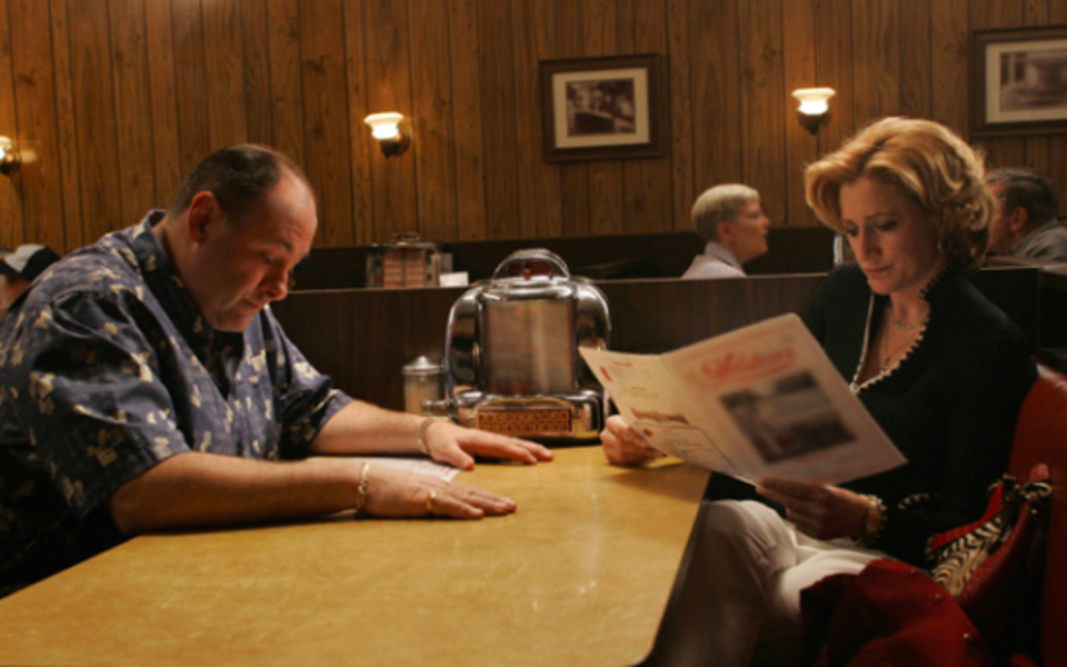 Tony (James Gandolfini) and Carmela (Edie Falco) having dinner in the controversial final scene of ‘The Sopranos’ (HBO)