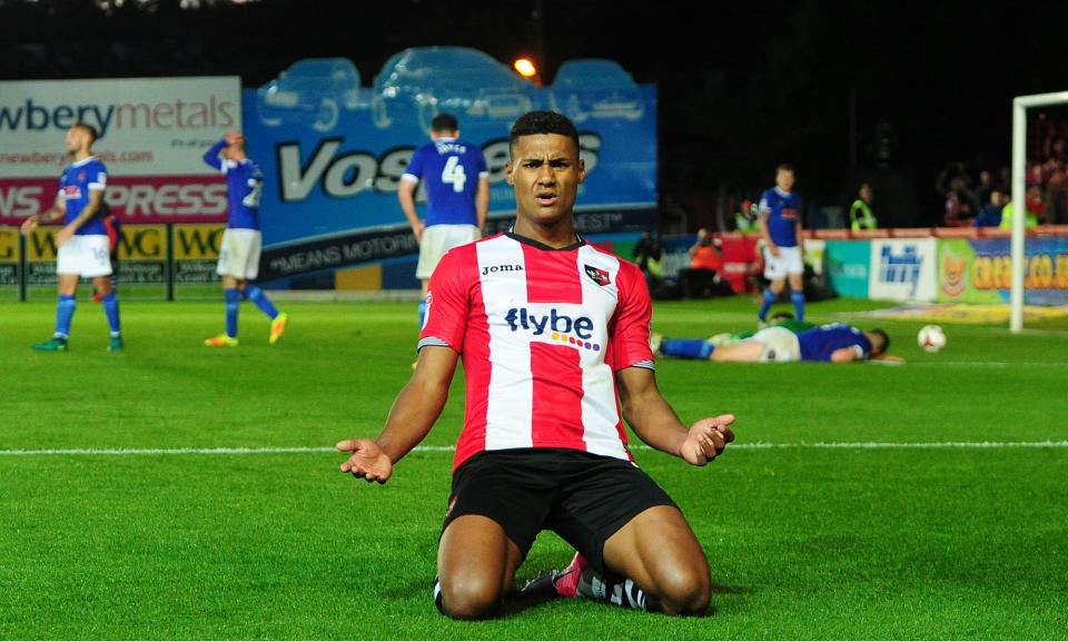 <span>Ollie Watkins celebrates scoring for Exeter against Carlisle in the League Two playoff semi-final in 2017.</span><span>Photograph: Ppauk/Shutterstock</span>