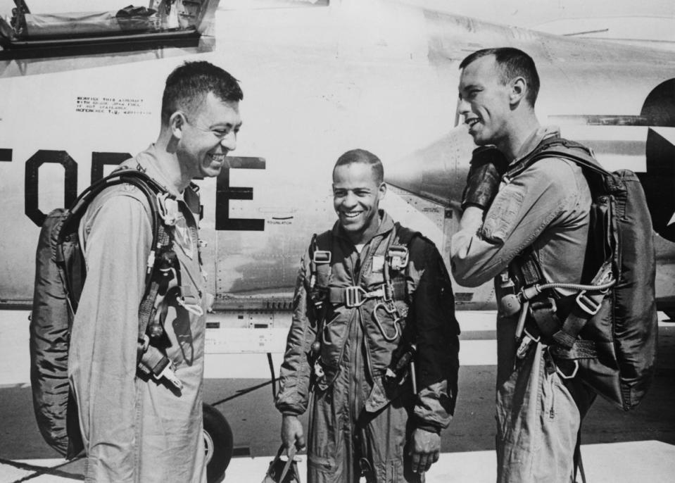 Ed Dwight (centre) pictured with fellow trainees in 1963 at the Aerospace Research Pilot School. Mr Dwight retired from the Air Force in 1966 (Getty Images)