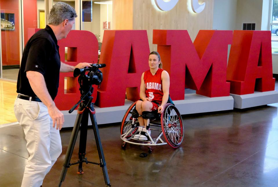 Mar 9, 2023; Tuscaloosa, AL, USA;  Loeiza Vari Le Roux is interviewed during media day for the WomenÕs Wheelchair Basketball National Championship Tournament at Stran-Hardin Arena.