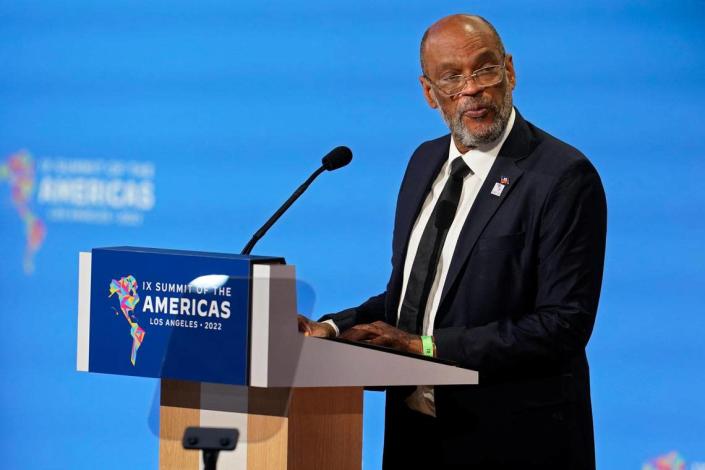 Haitian Prime Minister Ariel Henry speaks during a plenary session at the Summit of the Americas, Friday, June 10, 2022, in Los Angeles. (AP Photo/Marcio Jose Sanchez)