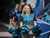 <p>Jacksonville Jaguars cheerleaders perform during the first half of an NFL football game against the Cincinnati Bengals, Sunday, Nov. 5, 2017, in Jacksonville, Fla. (AP Photo/Stephen B. Morton) </p>