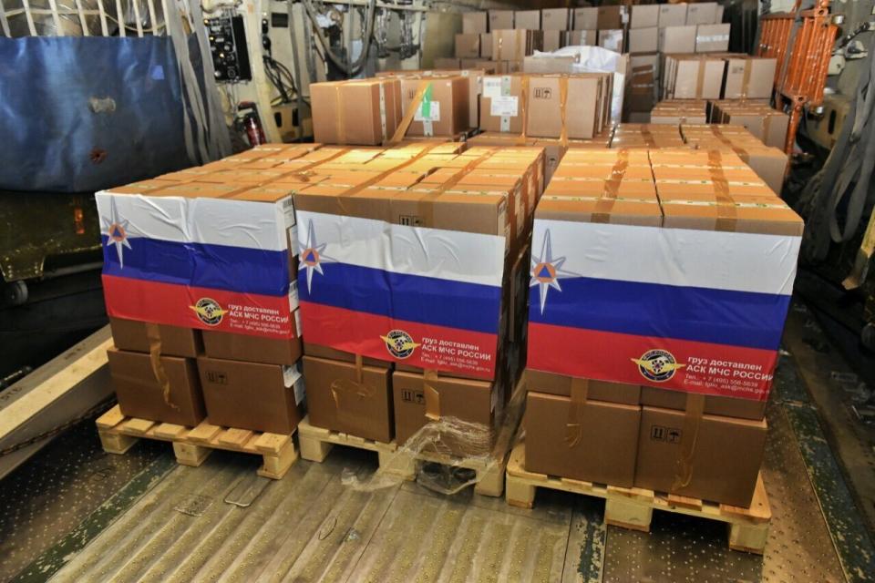 This photograph released by Indian External Affairs Ministry shows a shipment of oxygen concentrators, ventilators and other medical supplies that arrived from Russia to India, Thursday, April 29, 2021. With India's healthcare system collapsing under the record coronavirus surge, help is coming from overseas. (Indian External Affairs Ministry via AP)