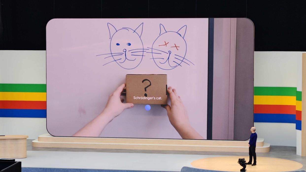  Google Gemini's Project Astra says "Schrodinger's Cat" while looking at two drawn cats and a box with a question mark on it. 