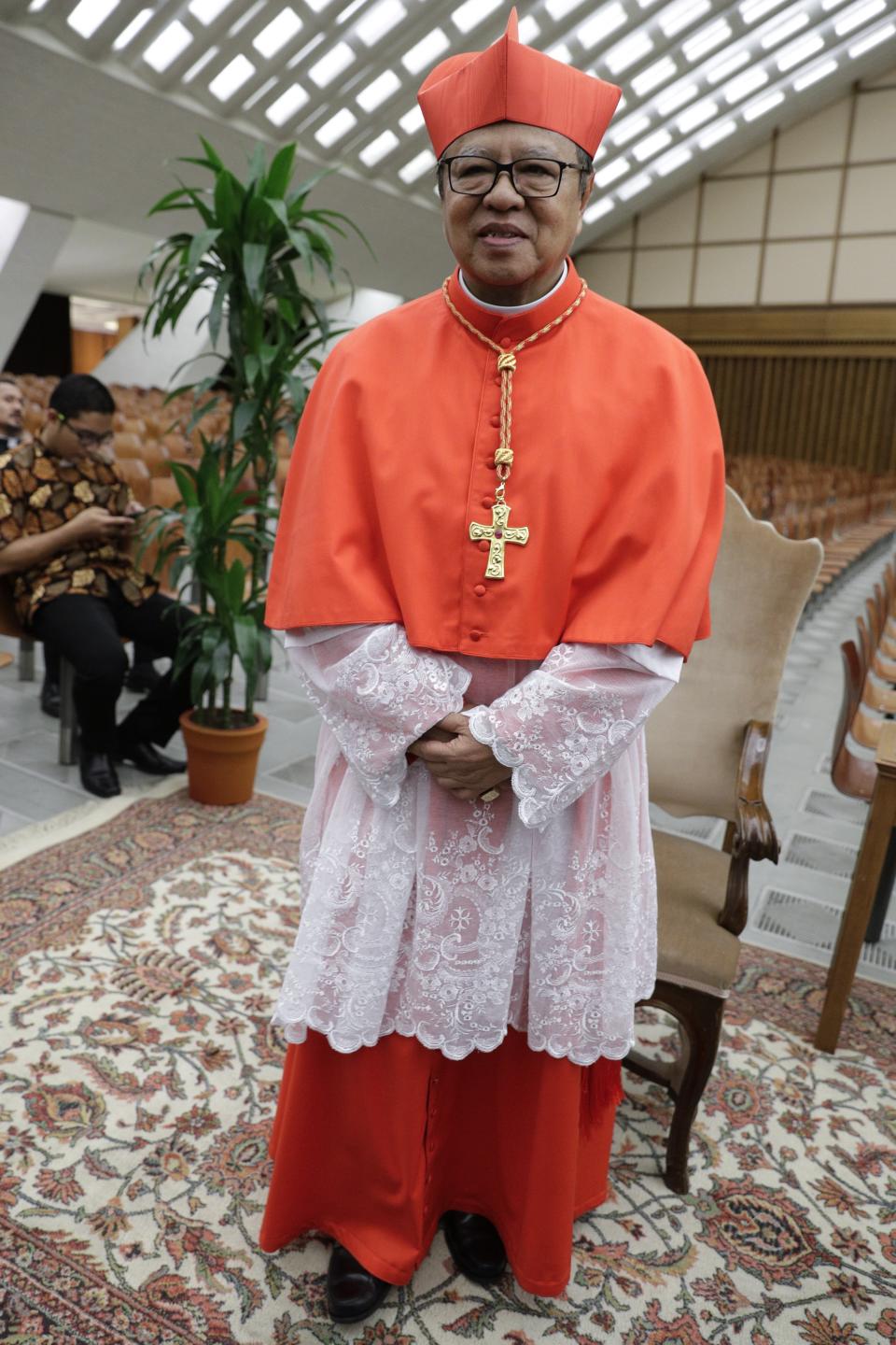 Cardinal Ignatius Suharyo Hardjoatmodjo poses for photographers prior to meeting relatives and friends after he was elevated to cardinal by Pope Francis, at the Vatican, Saturday, Oct. 5, 2019. Pope Francis has chosen 13 men he admires and whose sympathies align with his to become the Catholic Church's newest cardinals. (AP Photo/Andrew Medichini)