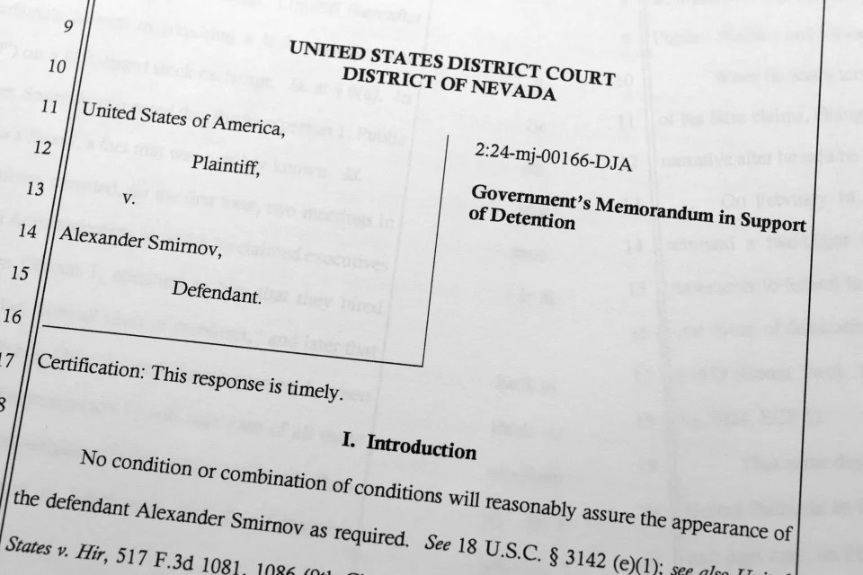 FILE - The government's memorandum in support of detention of Alexander Smirnov is photographed on Feb. 16, 2024. The FBI informant who was once held up by Republicans as a credible source of information about Hunter Biden now finds himself charged with lying to federal authorities. Smirnov is accused of fabricating a tale of bribery and espionage involving the then-vice president and the Ukrainian energy company Burisma and has claimed to have ties to Russian intelligence operatives. (AP Photo/Jon Elswick)