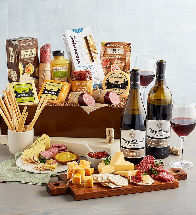 <p><a href="https://go.redirectingat.com?id=74968X1596630&url=https%3A%2F%2Fwww.harryanddavid.com%2Fh%2Fgourmet-foods%2Fwine-and-cheese%2F33869%3Fclickid%3DT001OU1QQxyPR0M1-9VwDS10UkFRWS0gwx%253AY0E0%26irgwc%3D1%26ref%3Daffiliatehd&sref=https%3A%2F%2Fwww.delish.com%2Fholiday-recipes%2Fg2582%2Fwine-gifts%2F" rel="nofollow noopener" target="_blank" data-ylk="slk:Shop Now;elm:context_link;itc:0;sec:content-canvas" class="link ">Shop Now</a></p><p>Harry & David Meat, Cheese, and Wine Gift Box</p><p>Harry & David</p><p>$124.99</p><span class="copyright">Harry & David</span>