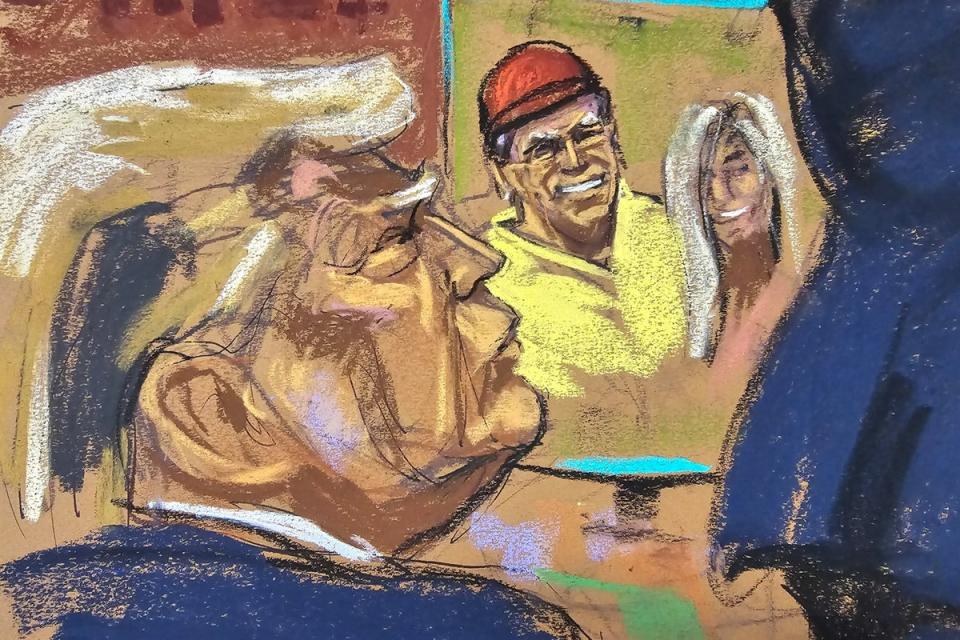 A courtroom sketch depicts Donald Trump looking at a 2006 photo of himself with Stormy Daniels at a golf tournament, taken the same day he allegedly had sex with her. (REUTERS)