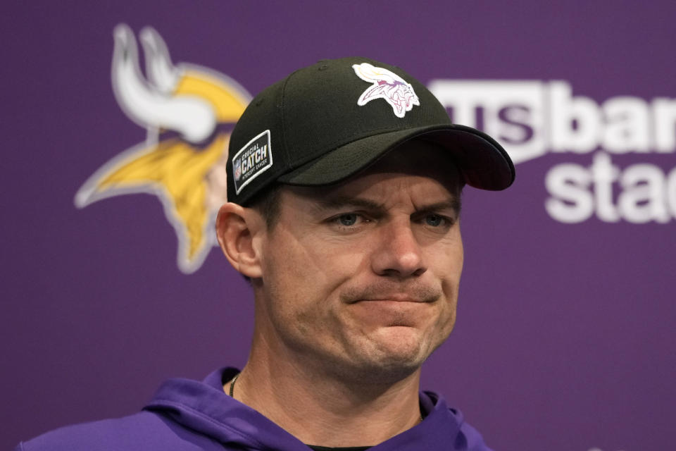 Minnesota Vikings head coach Kevin O'Connell speaks during a news conference after an NFL football game against the Kansas City Chiefs, Sunday, Oct. 8, 2023, in Minneapolis. The Chiefs won 27-20. (AP Photo/Abbie Parr)