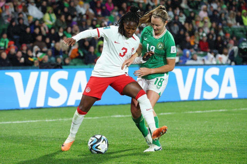 PERTH, AUSTRALIA - JULY 26: Kadeisha Buchanan of Canada  controls the ball against Kyra Carusa of Republic of Ireland during the FIFA Women's World Cup Australia & New Zealand 2023 Group B match between Canada and Ireland at Perth Rectangular Stadium on July 26, 2023 in Perth / Boorloo, Australia. (Photo by Alex Grimm - FIFA/FIFA via Getty Images)