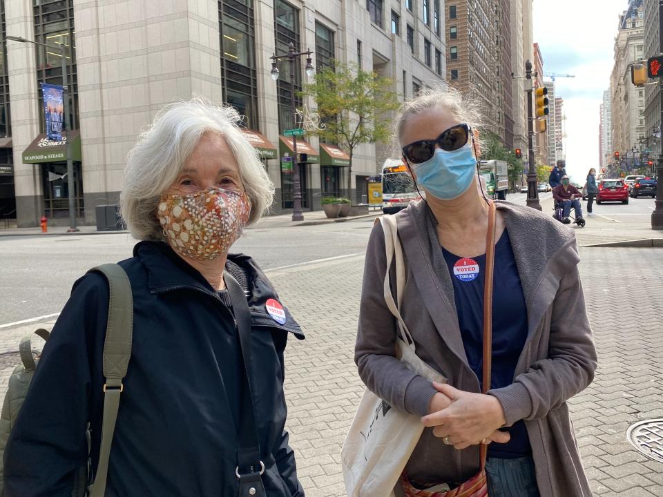 Sandy Dean (left) , a senior voter, came to Philadelphia’s main election office in downtown to drop off her mail-in ballot with her own hands rather than send it by post.Richard Hall / The Independent
