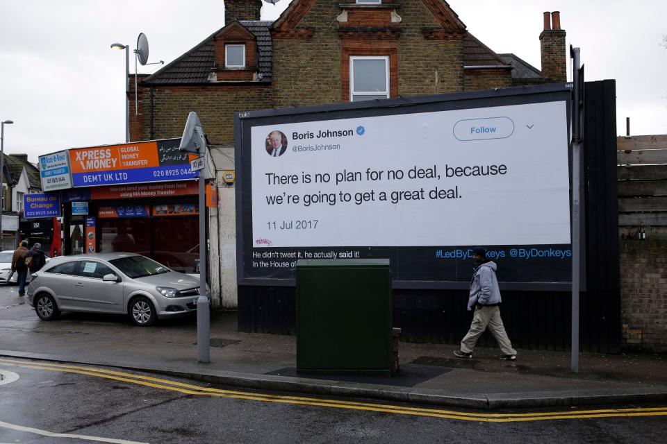 A billboard is displayed in north London on Feb. 8, 2019, as part of the "Led By Donkeys" campaign that aims to highlight misleading statements made about Brexit made by politicians.