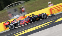 Red Bull driver Max Verstappen of the Netherlands steers his car during the first free practice at the Hungaroring racetrack in Mogyorod, Hungary, Friday, July 30, 2021. The Hungarian Formula One Grand Prix will be held on Sunday. (AP Photo/Darko Bandic)