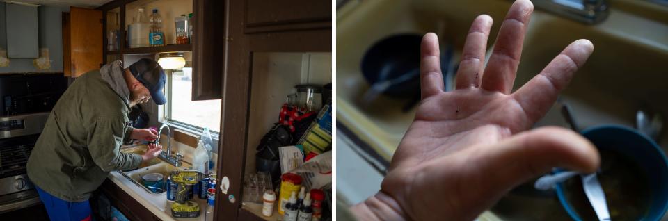 LEFT: Landmark Estates resident Mark Brown unscrews the aerator in his kitchen sink to show dark pieces of buildup in his trailer at the mobile home park in Warren on Monday, Feb. 26, 2024. RIGHT: Brown shows dark pieces of buildup after unscrewing the aerator in his kitchen sink.