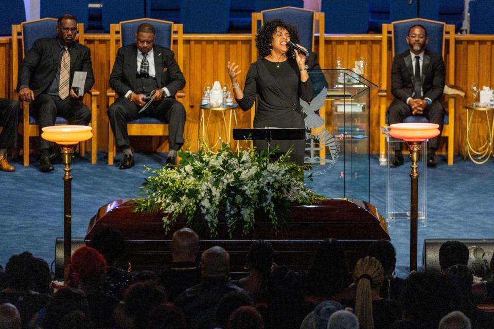 Shenita Hunt performs a musical selection during a celebration of life for former city of Miami Gardens Mayor Shirley Murray Gibson at New Way Fellowship and Praise Worship Center in Miami Gardens, Florida, on Tuesday, October 24, 2023.