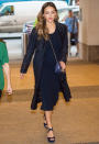 <p>Alba showed off her baby bump in a navy Diane von Furstenberg dress with side panels in a lighter shade, creating a slimming illusion ($398; <a rel="nofollow noopener" href="https://shoptilden.com/products/diane-von-furstenberg-teyla-dress" target="_blank" data-ylk="slk:shoptilden.com;elm:context_link;itc:0;sec:content-canvas" class="link ">shoptilden.com</a>). The frock is also available (and on sale!) in gray for $159 at <a rel="nofollow noopener" href="https://click.linksynergy.com/fs-bin/click?id=93xLBvPhAeE&subid=0&offerid=365991.1&type=10&tmpid=2174&RD_PARM1=https%3A%2F%2Fwww.&RD_PARM2=saksfifthavenue.com%2Fmain%2FProductDetail.jsp%3F&RD_PARM3=PRODUCT%253C%253Eprd_id%3D845524447031146&u1=IS,VID,ART,PregnantJessicaAlba%E2%80%99sMidiDressHastheMostFlatteringSidePanels,bahouo,201709,I" target="_blank" data-ylk="slk:Saks;elm:context_link;itc:0;sec:content-canvas" class="link ">Saks</a>. The expectant star paired the dress with a matching duster coat, blue Furla cross-body ($298; <a rel="nofollow noopener" href="https://click.linksynergy.com/fs-bin/click?id=93xLBvPhAeE&subid=0&offerid=504092.1&type=10&tmpid=23605&RD_PARM1=https%253A%252F%252Fwww.shopbop.com%252Fmetropolis-mini-crossbody-bag-furla%252Fvp%252Fv%253D1%252F1514650592.htm&u1=IS,CEL,GAL,JessicaAlba%27sChicestMaternityLooks,jonesi,201709,I" target="_blank" data-ylk="slk:shopbop.com;elm:context_link;itc:0;sec:content-canvas" class="link ">shopbop.com</a>), and blue platform sandals.</p>