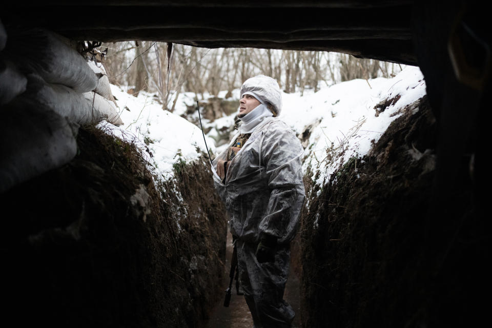 SVITLODARSK, UKRAINE - JANUARY 23: Ukrainian Servicemen of the 30th Army Brigade are seen outside of Svitlodarsk, Ukraine on January 23, 2022. (Photo by Wolfgang Schwan/Anadolu Agency via Getty Images)