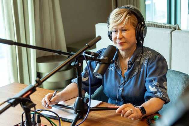 Yeardley Smith, the voice of Lisa Simpson, records her true crime podcast 