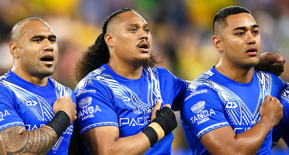 Seen here, Samoan players fight back tears while singing their country's national anthem. 