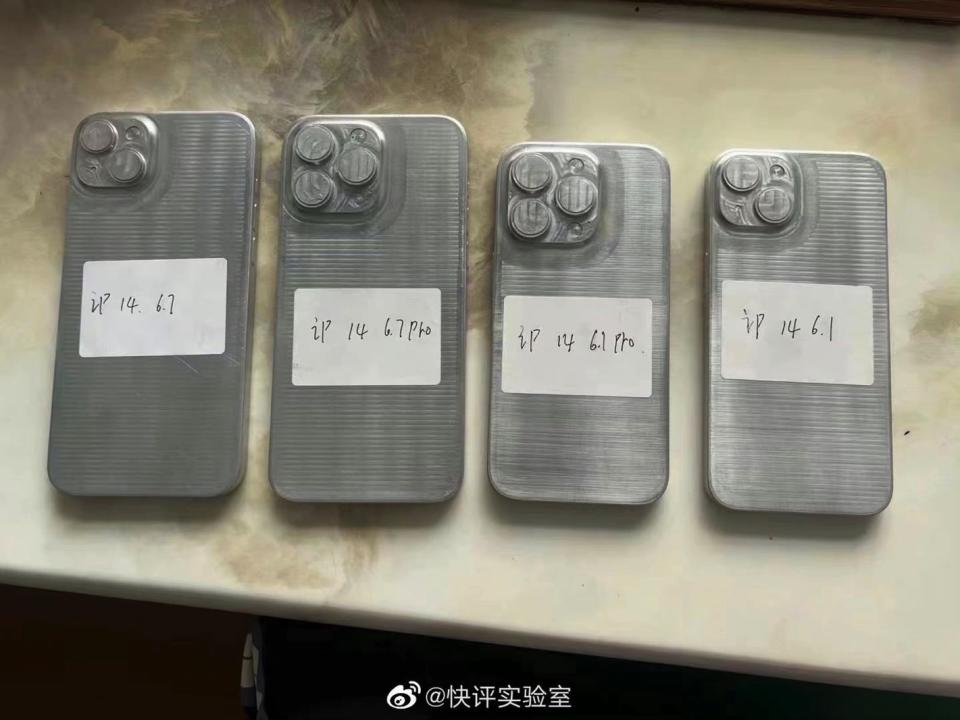 From left to right: iPhone 14 Max, iPhone 14 Pro Max, iPhone 14 Pro, and iPhone 14 molds. - Credit: Weibo via MacRumors