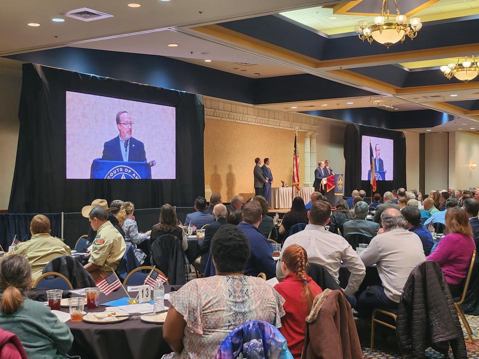 Will Miller accepts the 2024 Good Scout Award at the 23rd annual Good Scout Luncheon, held Thursday afternoon in the Amarillo Civic Center Heritage Ballroom.