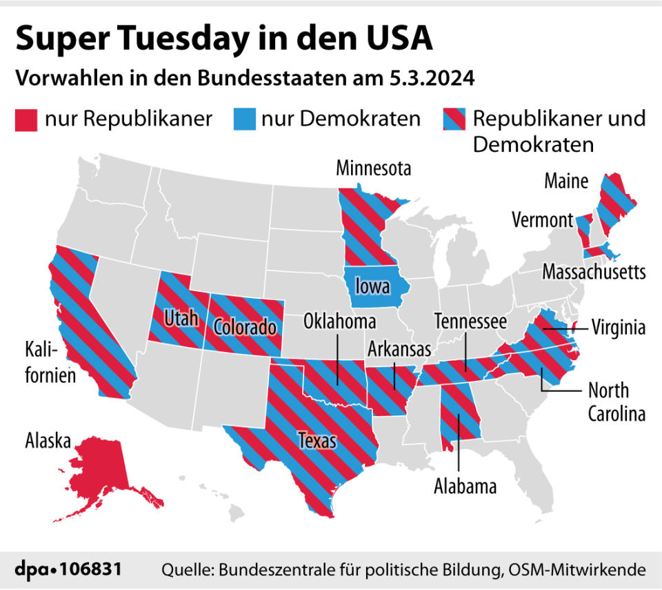 "Karte der USA mit den Vorwahlen am Super Tuesday"; Redaktion: A. Brühl; Grafik: A. Brühl/F. Bökelmann