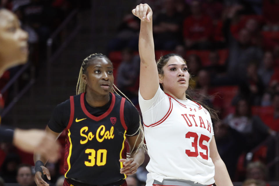 SALT LAKE CITY, UT – JANUARY 19 : Alissa Pili #35 of the Utah Utes watches a three pointer drop agaisnt Roxane Makolo #30 of the USC Trojans during the second half of their game at the Jon M Huntsman Center on January 19, 2024 in Salt Lake City, Utah. (Photo by Chris Gardner/Getty Images)