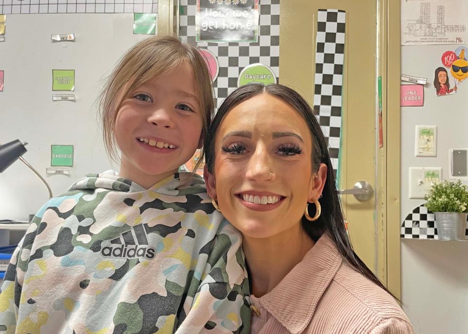 WBIR Educator of the Week MacKenzie Deising said being a good educator begins with relationships. She’s with little Karson Caldwell at Hardin Valley Elementary School. Feb. 28, 2024.