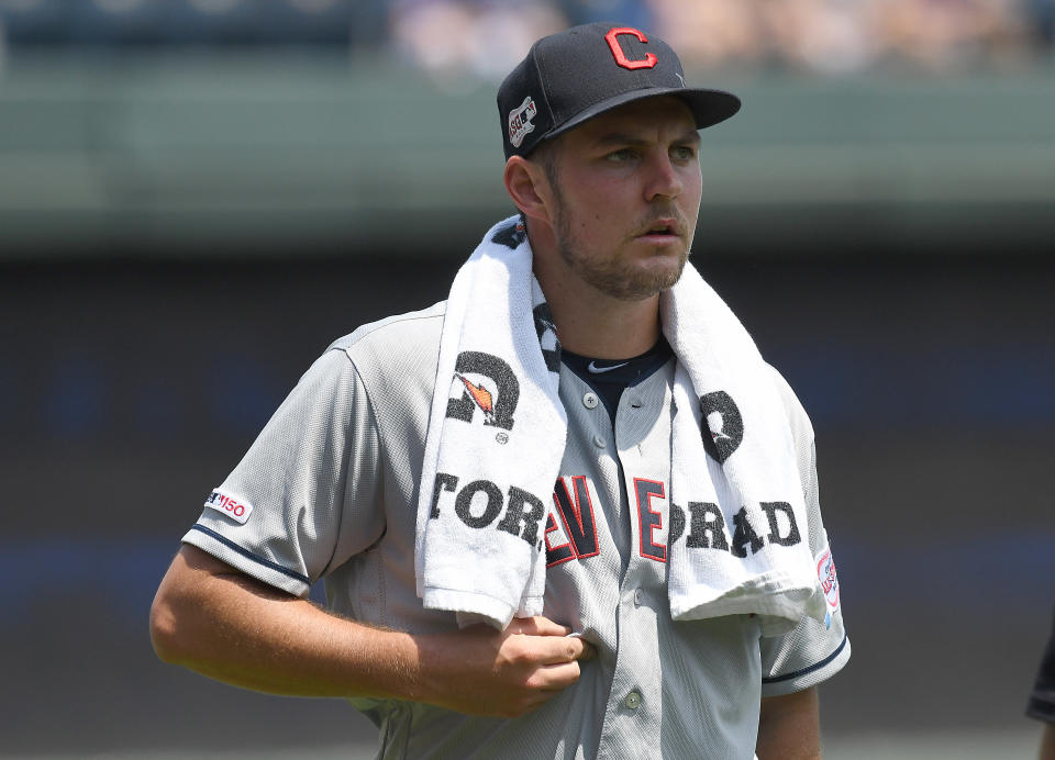 KANSAS CITY, MO. - JULY 28: Cleveland Indians starting pitcher Trevor Bauer (47) before a Major League Baseball game between the Cleveland Indians and the Kansas City Royals on July 28, 2019, at  Kauffman Stadium, Kansas City, MO. (Photo by Keith Gillett/Icon Sportswire via Getty Images)