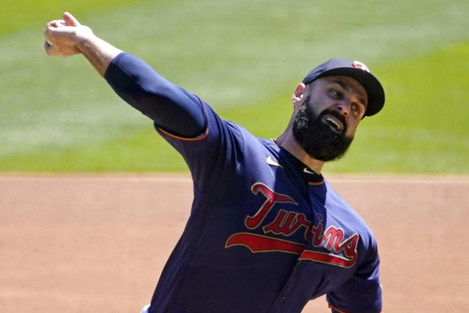 Minnesota Twins' pitcher Matt Shoemaker throws against the Kansas City Royals in the first inning of a baseball game, Saturday, May 1, 2021, in Minneapolis. (AP Photo/Jim Mone) \