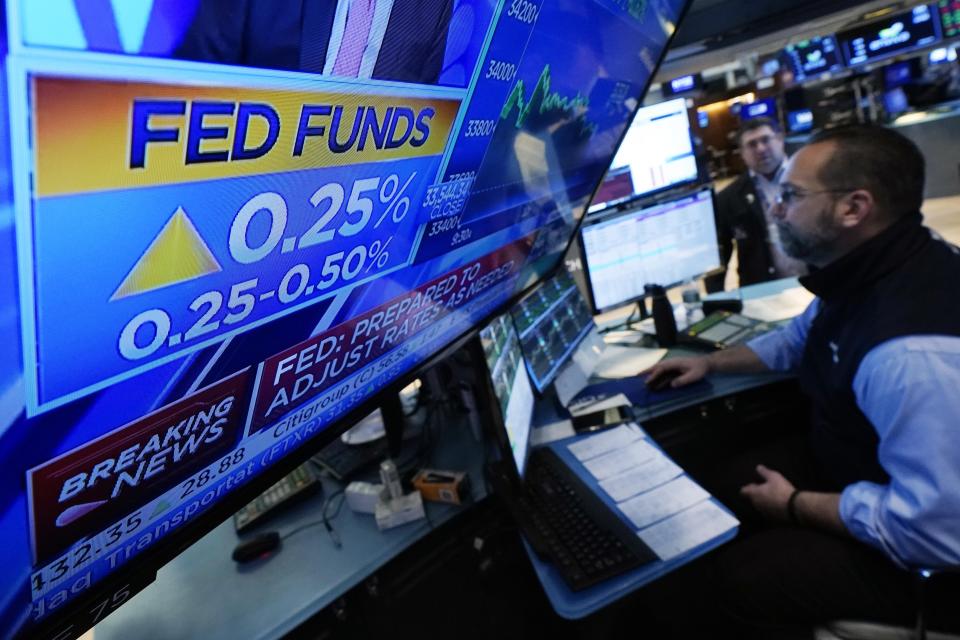 A television screen on the floor of the New York Stock Exchange, Wednesday, March 16, 2022, shows the rate decision of the Federal Reserve. The Fed's quarter-point hike in its key rate, which it had pinned near zero since the pandemic recession struck two years ago, marks the start of its effort to curb the high inflation that has followed the recovery from the recession. (AP Photo/Richard Drew)